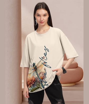 HELLCAT Women Cotton Blend Printed Oversized Fit Round Neck T-Shirt ( Yellow )
