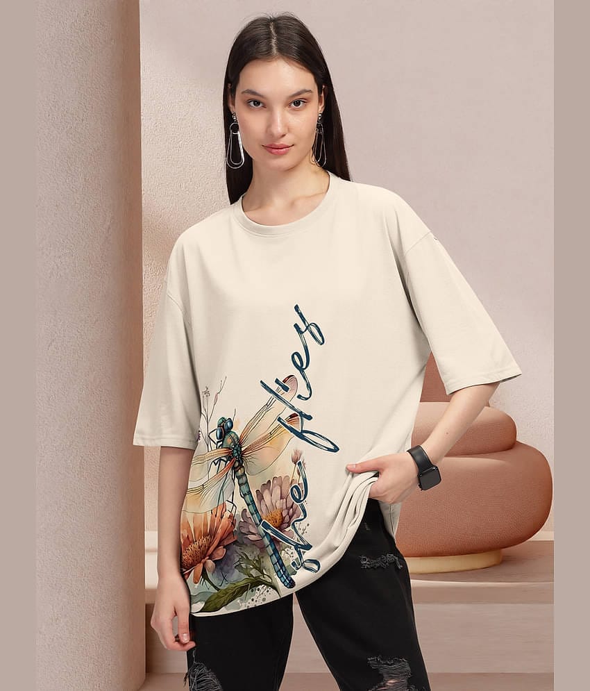 HELLCAT Women Cotton Blend Printed Oversized Fit Round Neck T-Shirt ( Yellow )