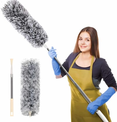  Microfiber Feather Duster for Cleaning with Telescopic Extension Pole Long Up to 100 Inches Bendable Head, Scratch-Resistant Washable Duster for High Ceiling Fan Car Furniture Home Window Blinds Furniture Roof Cleaner (Grey)