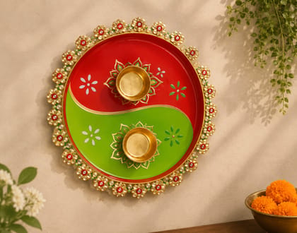 Peacock Design Decorative Puja Thali with Enamel Work and 2 Bowls