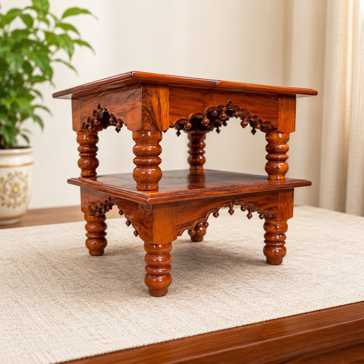 Handcrafted Solid Wood Home Temple Mandir with Brass Bells