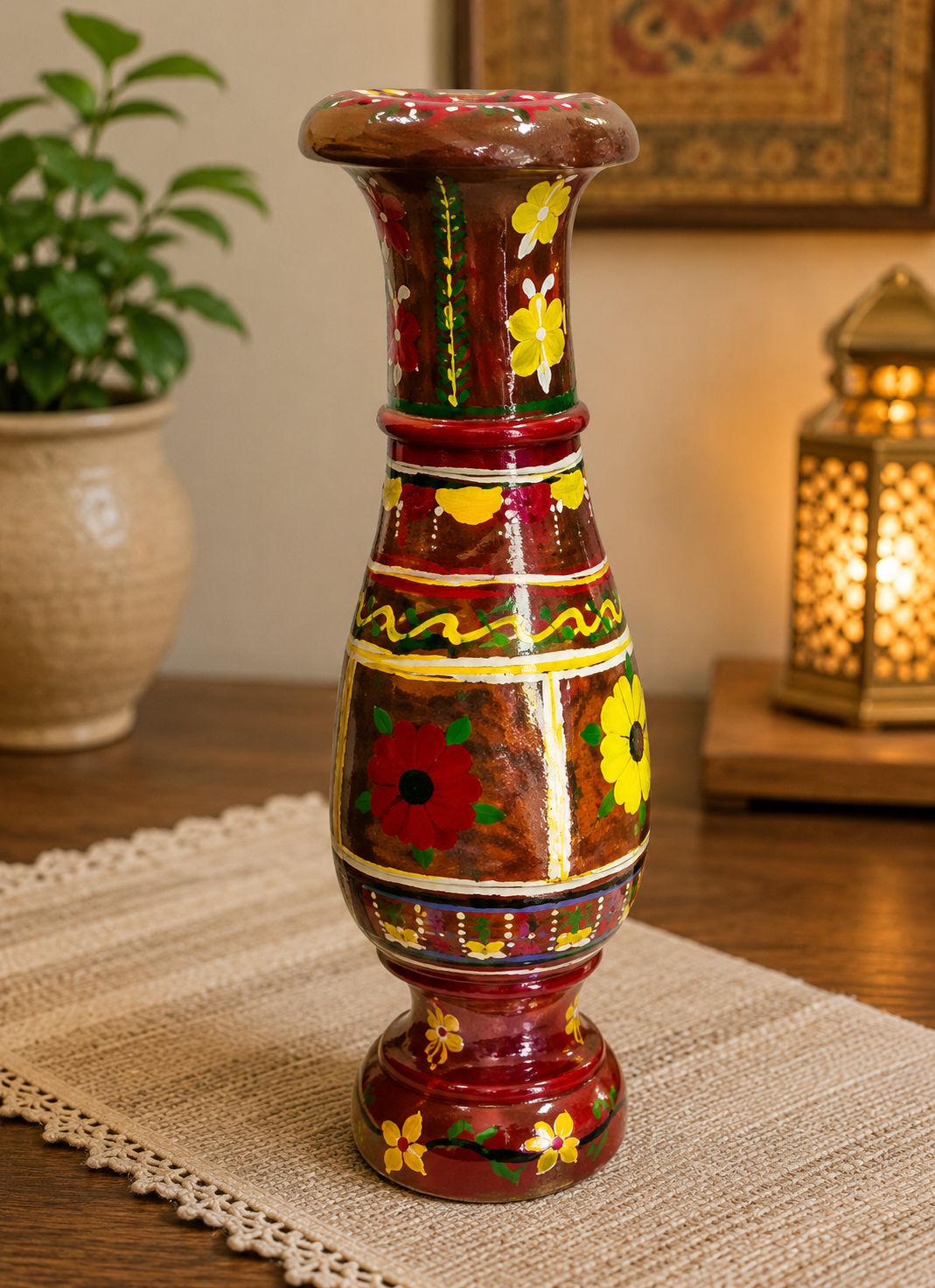Hand-Painted Wooden Decorative Flower Vase