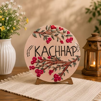 Oaeon Kachhap Handcrafted Round Floral Lippan Art Name Plate with Wooden Stand