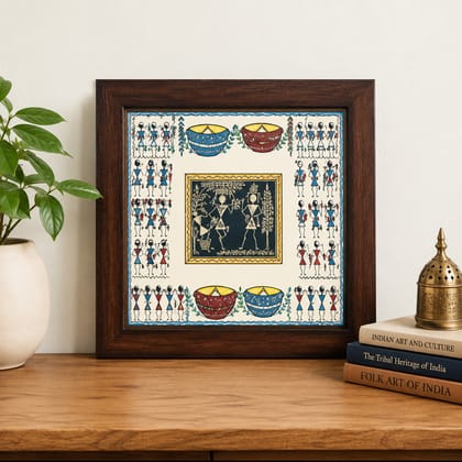 Warli Art Handpainted Tribal Folk Painting Square Wall Frame