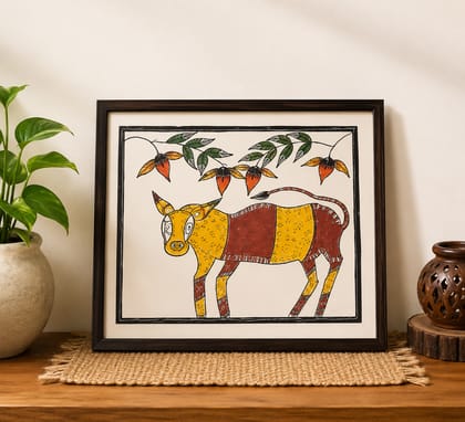 Traditional Indian Pattachitra Style Framed Cow Painting (Nandi)