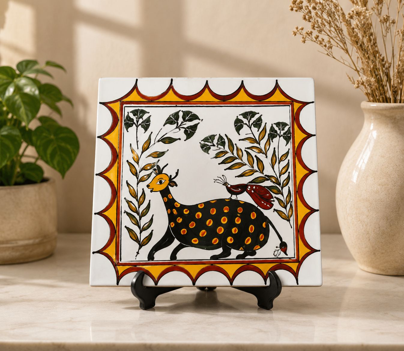 Traditional Indian Folk Art Painted Decorative Ceramic Tile with Deer and Bird