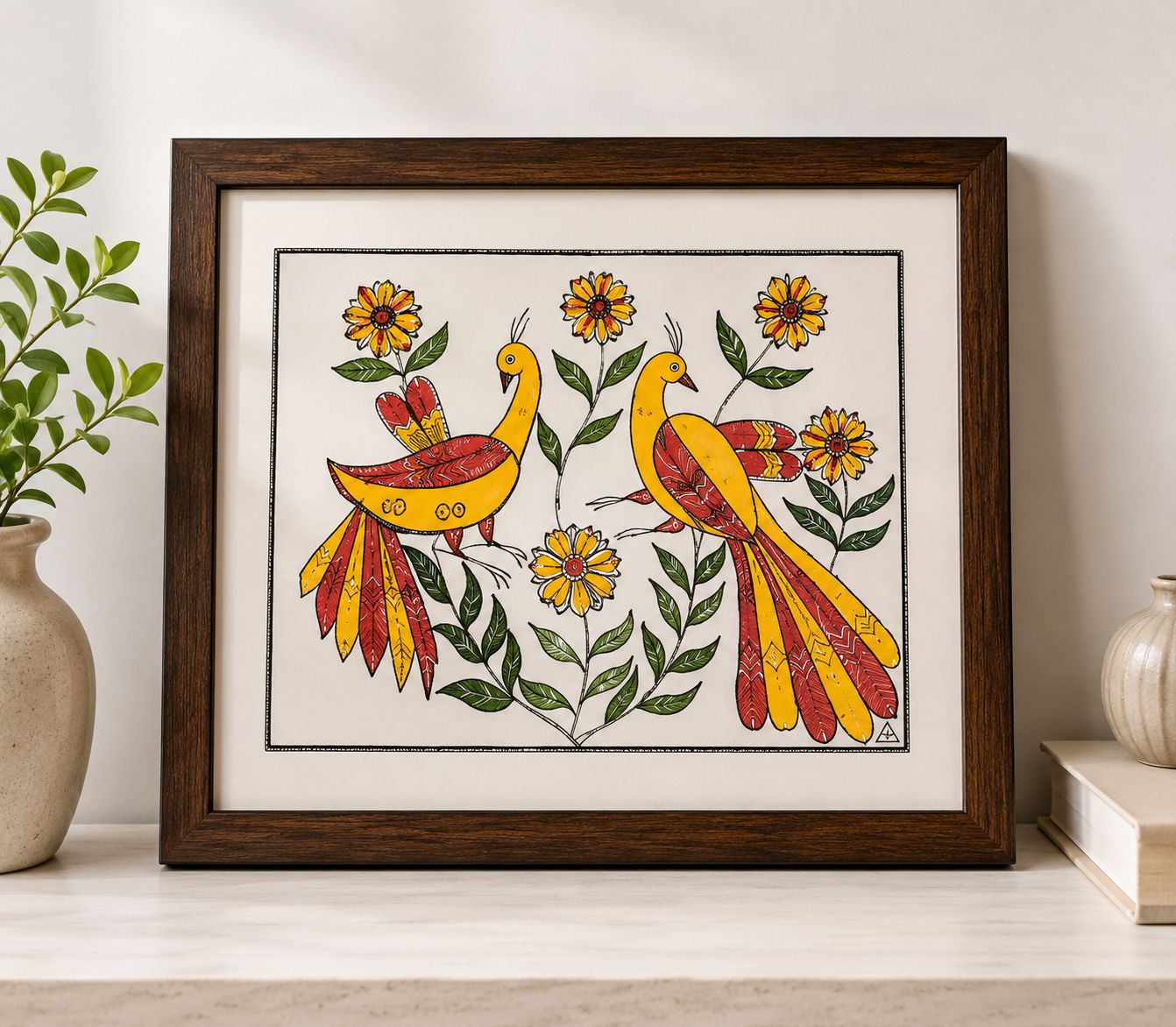 Traditional Madhubani Hand-Painted Framed Peacock Wall Art