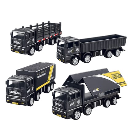 KTRS Enterprise 4-in-1 Heavy Duty Toy Set | Container Cargo Truck, Open Trailer & Dump Truck | Friction Powered Construction Vehicles for Kids | Black