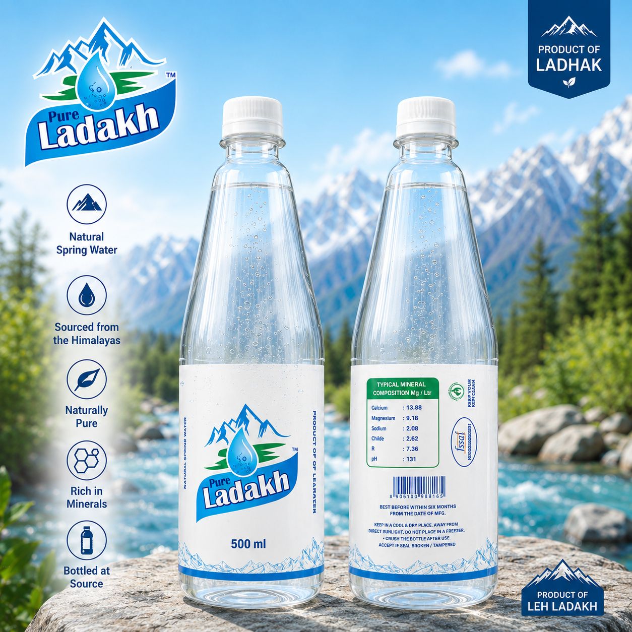 Pure Ladakh Natural Spring Water 500 ml (Pack of 12) | Sourced from the Pristine Himalayas at 18,000 Feet Above Sea Level | Naturally Mineral-Rich Spring Water | pH 7.36 | Virgin Recyclable PET Bottles | Beyond Better in Every Drop
