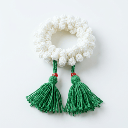 Handmade White Crochet Gajra Floral Garland with Green Tassels