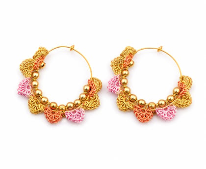 Handmade Multicolored Crochet & Gold Bead Hoop Earrings