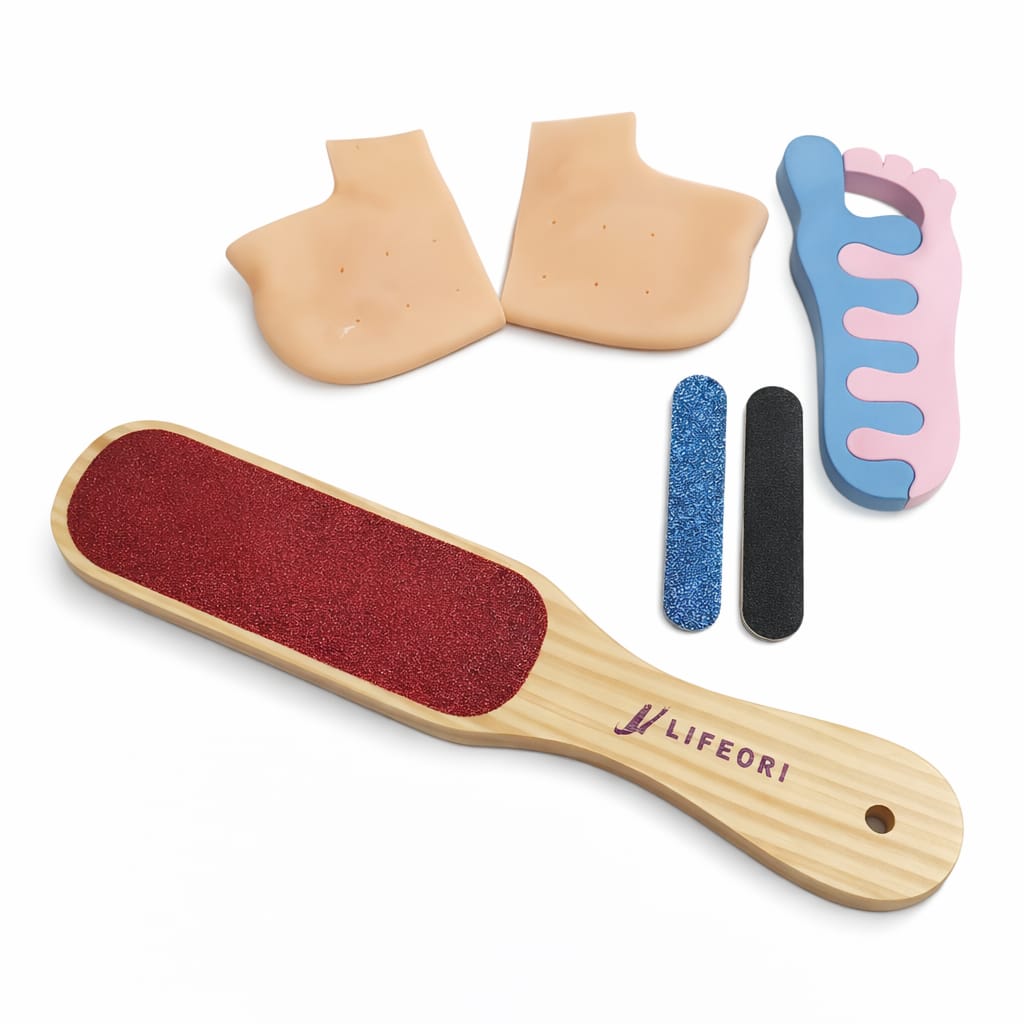 Lifeori Pedicure Tools for Feet – 4 in 1 pedicure Kit|Professional Foot Filer, Silicone Half Gel Heel Protectors, Toe Separator & Double-Sided Nail Filer – 1 Set