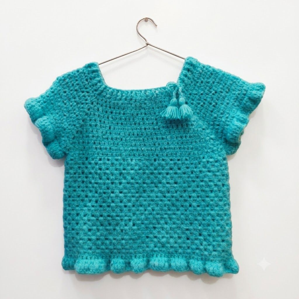 Hand Crocheted Turquoise Baby Short Sleeve Top with Tassels