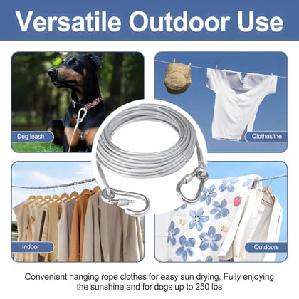 Stainless Steel Wire Rope Clothesline with Heavy Duty Carabiner Hooks | Multipurpose Hanging Cable for Clothes Drying, Balcony, Travel, Camping & Outdoor Use (Original) 