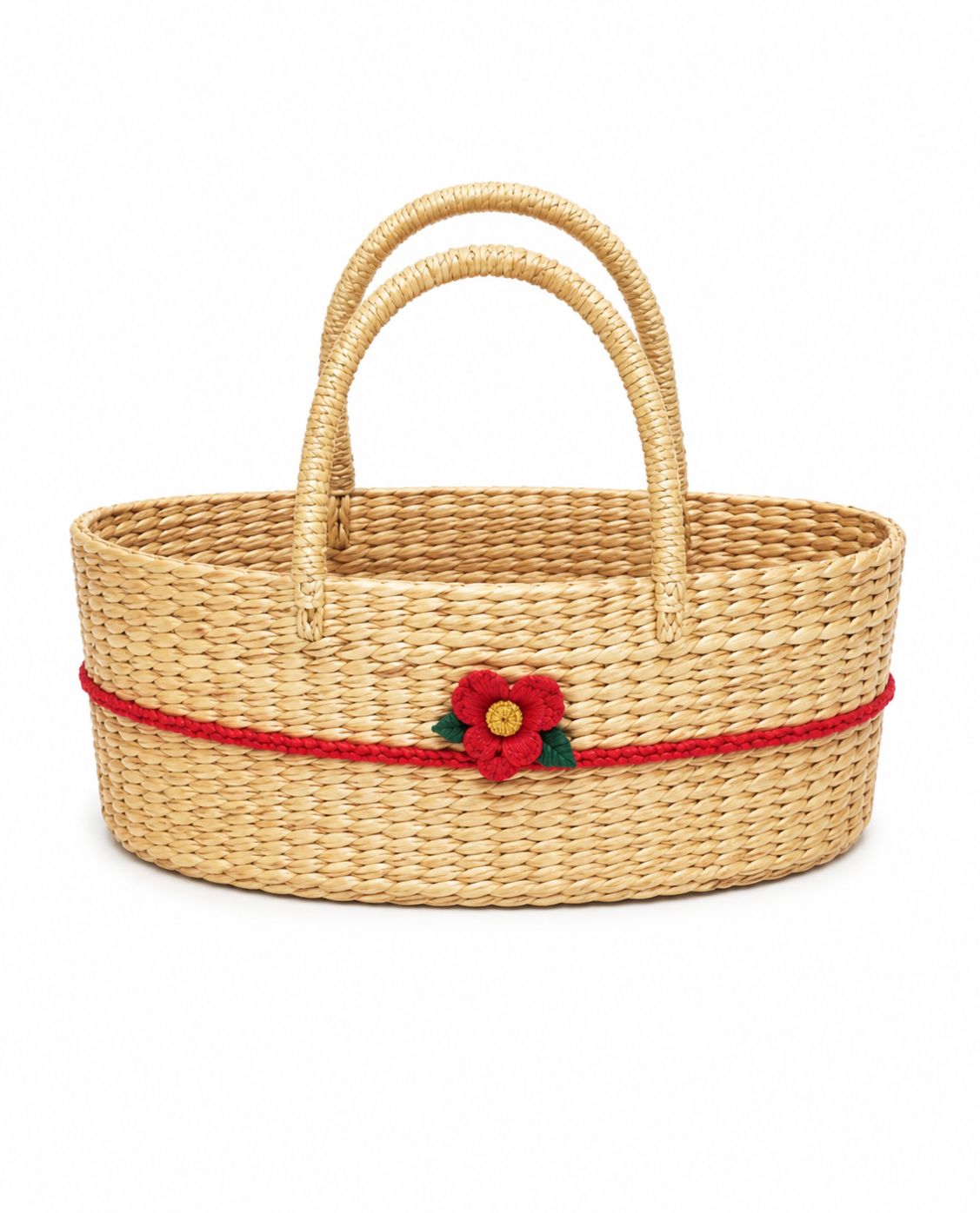 Handwoven Straw Basket Tote Bag with Red Flower