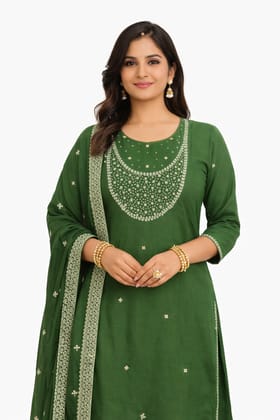 Women's Embroidered Green Kurta Pant Set with Dupatta