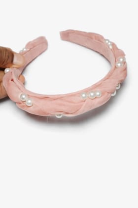 Light Pink Twisted Velvet Headband with Pearl Embellishments