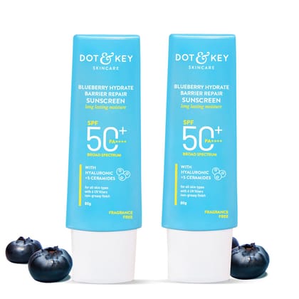 Dot & Key Blueberry Hydrate Barrier Repair Sunscreen In-Vivo Tested SPF 50+ PA++++ | With Ceramides & Hyaluronic, Hydrates & Protects Skin | Repairs Damaged Skin, Lightweight, Non-Sticky, Non-Greasy | 30g Dot & Key Blueberry Hydrate Barrier Repair Sunscr