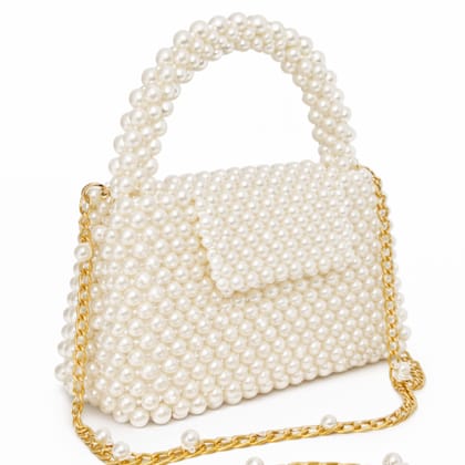 Lustrous Pearl Beaded Evening Bag with Gold Chain Strap and Top Handle