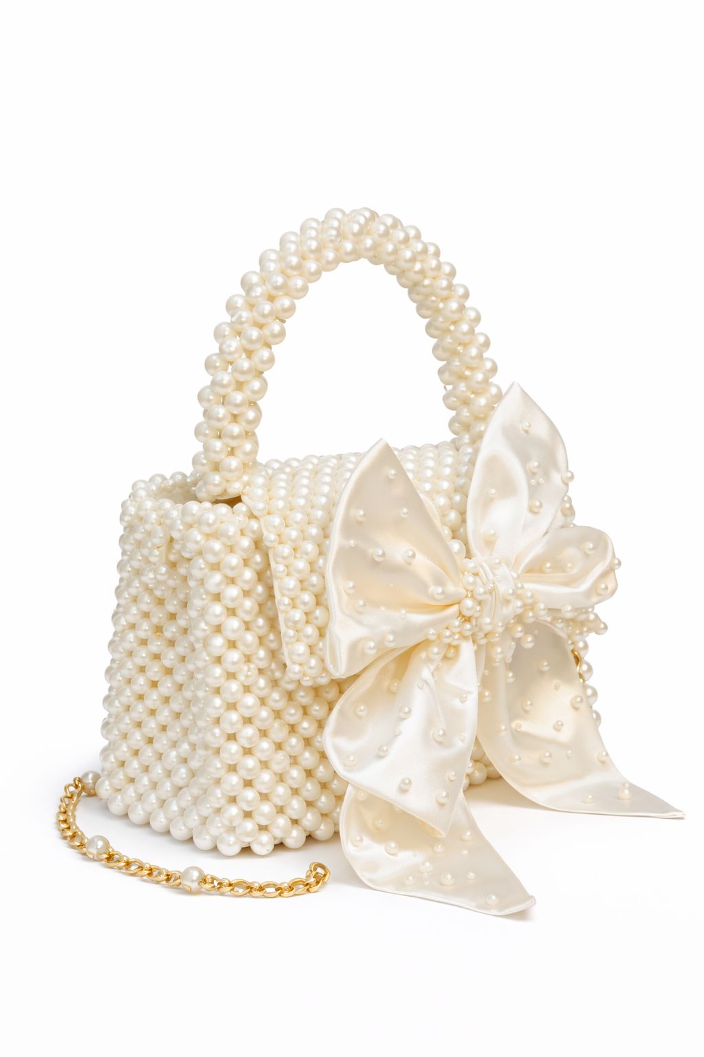 Women's Pearl Beaded Top Handle Evening Bag with Satin Bow