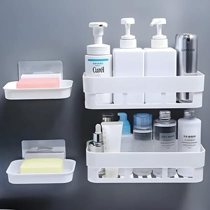 Self Adhesive Bathroom Wall Shelf Organizer Set with Soap Holder | No Drill Plastic Storage Rack for Shampoo, Conditioner, Cosmetics, Kitchen & Bathroom Accessories (Original Quality)