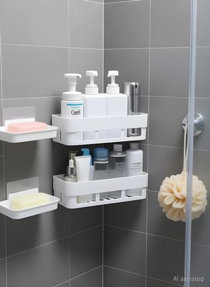 Self Adhesive Bathroom Wall Shelf Organizer Set with Soap Holder | No Drill Plastic Storage Rack for Shampoo, Conditioner, Cosmetics, Kitchen & Bathroom Accessories (Original Quality)