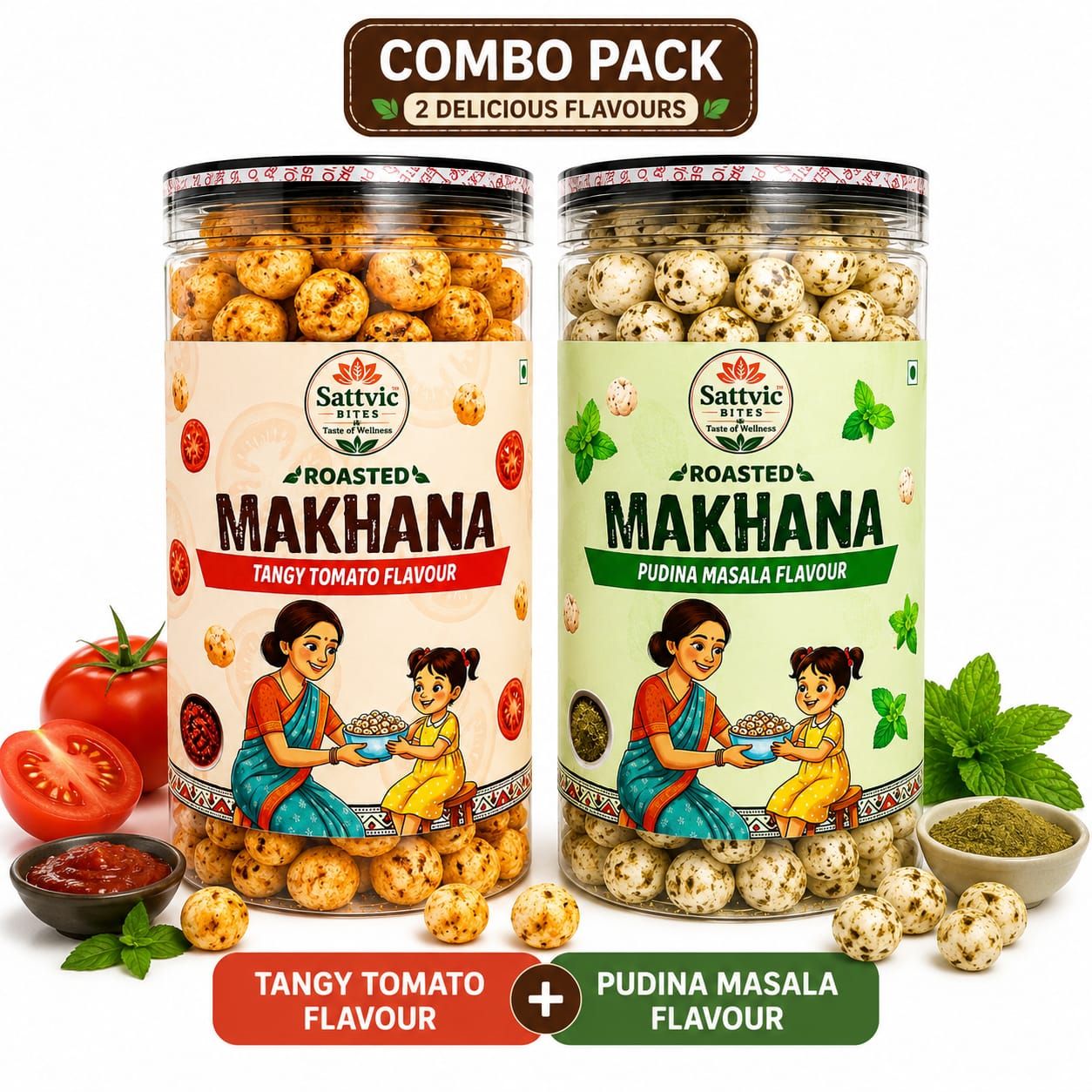 Sattvic Bites Combo Pack Flavoured Roasted Makhana (Tangy Tomato + Pudina Masala)