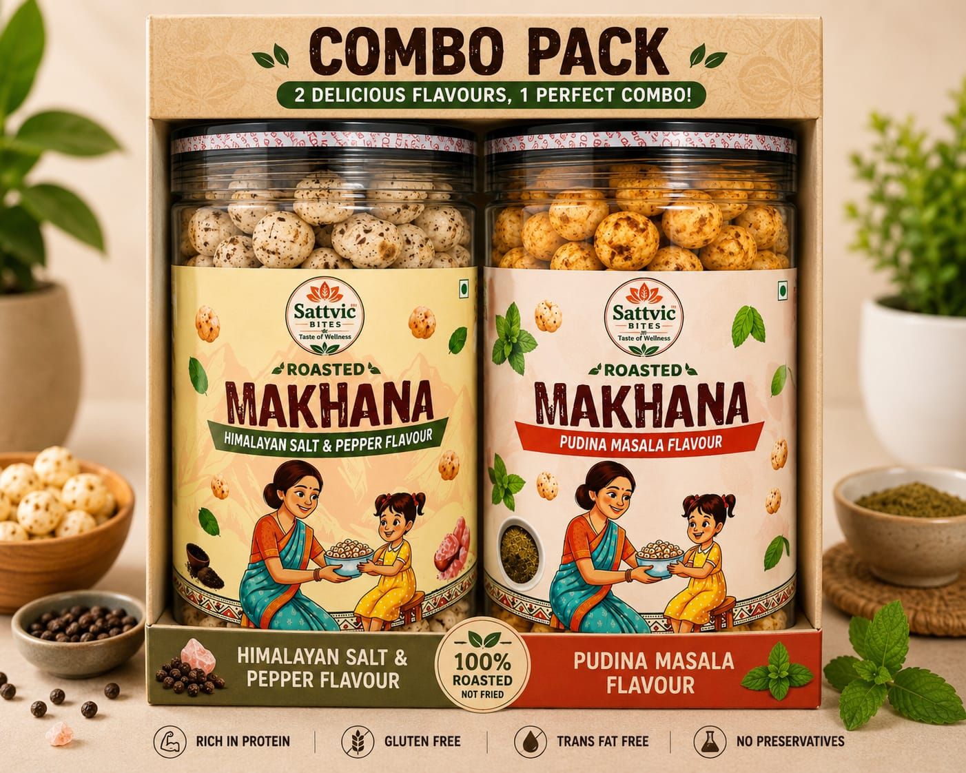 Sattvic Bites Combo Pack Flavoured Roasted Makhana (Himalayan Salt & Pepper + Pudina Masala)