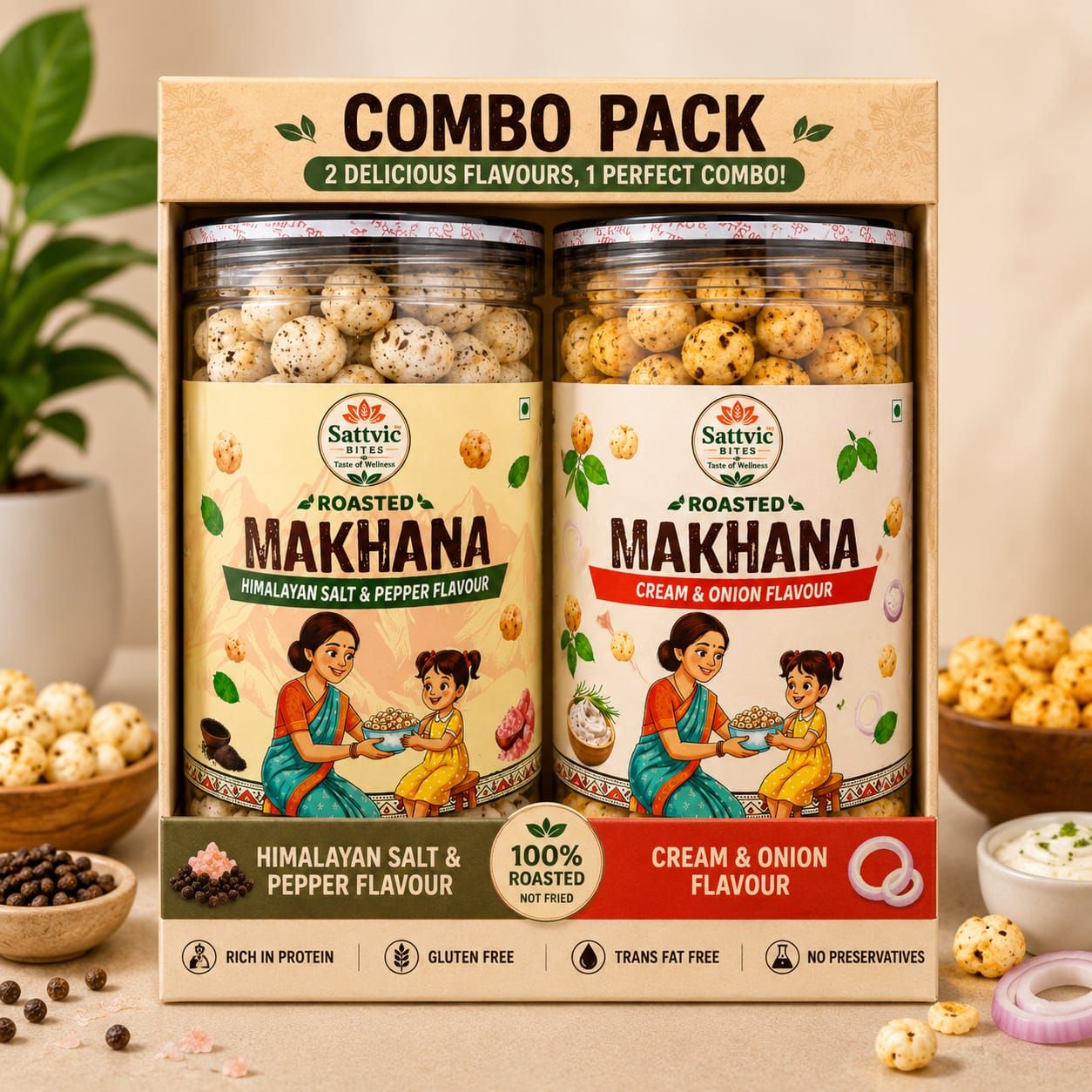 Sattvic Bites Combo Pack Flavoured Roasted Makhana (Himalayan Salt & Pepper + Cream & Onion)
