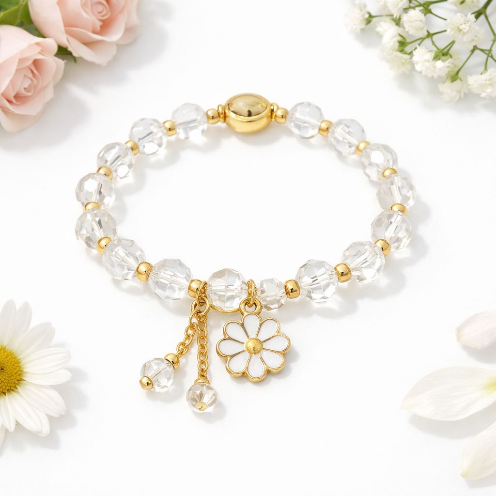 Crystal Beaded Daisy Charm Bracelet – Elegant Handmade Floral Bracelet