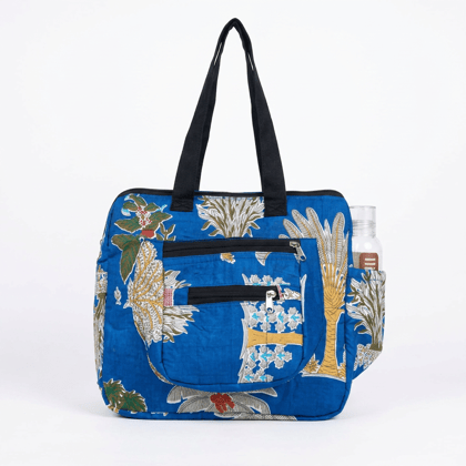 Style with Parulba  Premium Printed Multipurpose Tote Bag | Large Capacity Shoulder Handbag with Multiple Pockets & Zip Closure | Travel, Office, Shopping & Everyday Use | Blue Floral Print