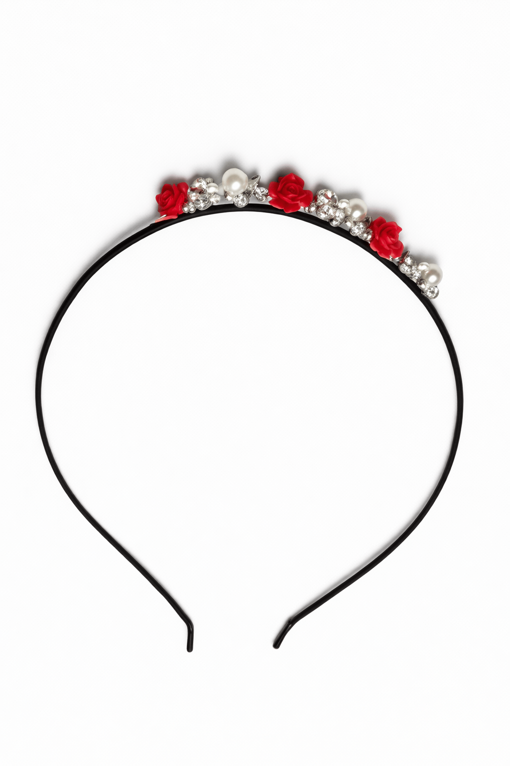Elegant Black Headband with Red Roses and Pearls