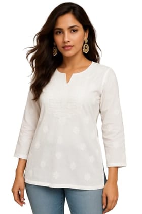 Mrs Right Women’s White Machine Chikankari Embroidered Cotton Short Kurti | Hip-Length Top for Girls & Women (Size 36–44)