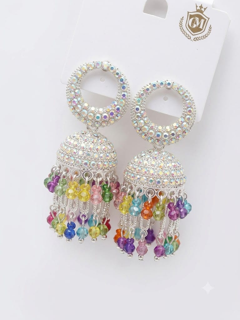 Silver Crystal Rainbow Beads Tassel Jhumka Earrings for Women & Girls