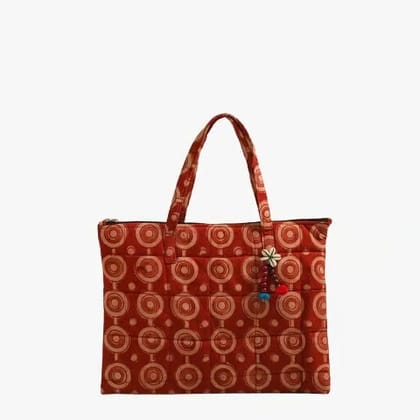 Rust Red Quilted Block Print Tote Bag with Charm