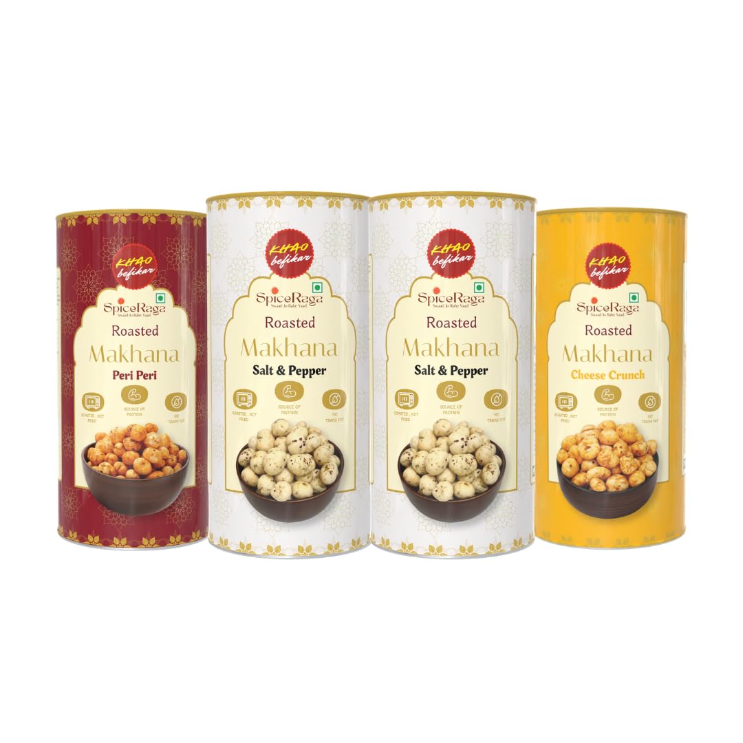 SpiceRaga Roasted Flavoured Makhana Combo Pack of 4 (77g x 4) Total 308g | 2 Salt & Pepper, 1 Cheese Crunch, 1 Peri Peri | Healthy Namkeen Snack | Fox Nuts (Makhana) | High Protein | Low Calorie | No Palm Oil