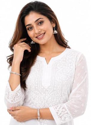 Mrs Right White Handcrafted Chikankari Kurti for Women | Georgette Fabric | High-Low Hemline | Lucknowi Embroidered Ethnic Wear