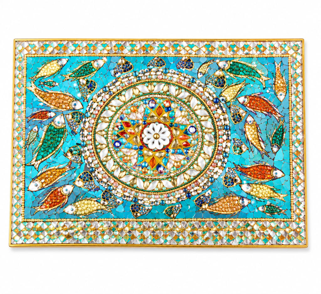 Elegant Framed Teal Mosaic Fish and Mandala Wall Art
