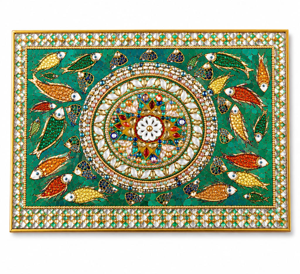 Elegant Framed Teal Mosaic Fish and Mandala Wall Art