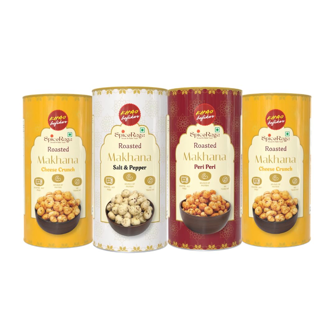 SpiceRaga Roasted Flavoured Makhana Combo Pack of 4 (77g x 4) Total 308g | 2 Cheese Crunch, 1 Peri Peri, 1 Salt & Pepper | Healthy Namkeen Snack | Fox Nuts (Makhana) | High Protein | Low Calorie | No Palm Oil