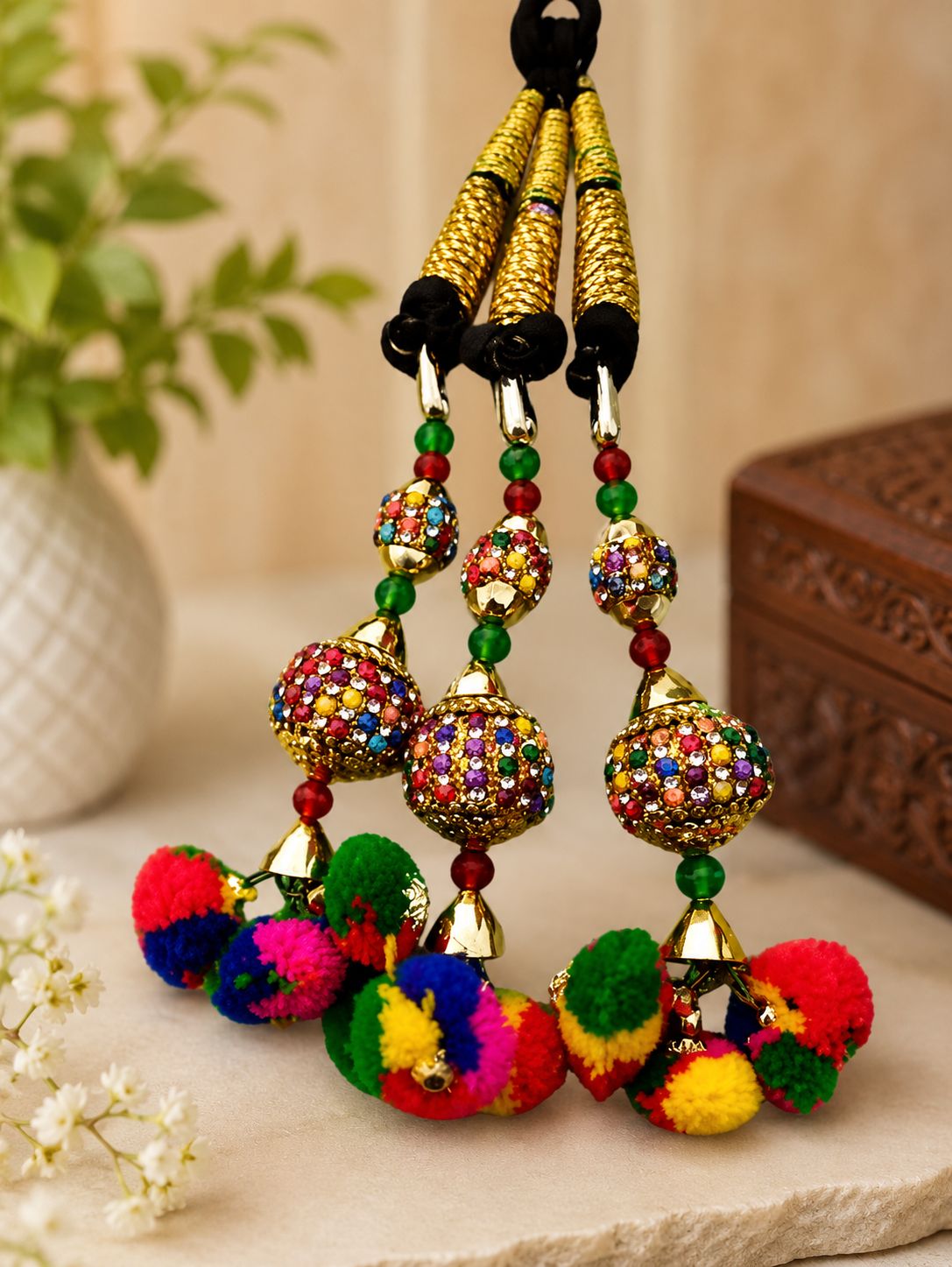 Handcrafted Traditional Multicolor Pom Pom & Bead Hair Tassel (Parandi)