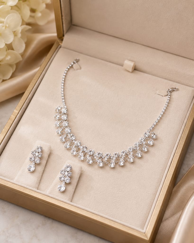 Silver-Plated Crystal Teardrop Necklace and Earring Set