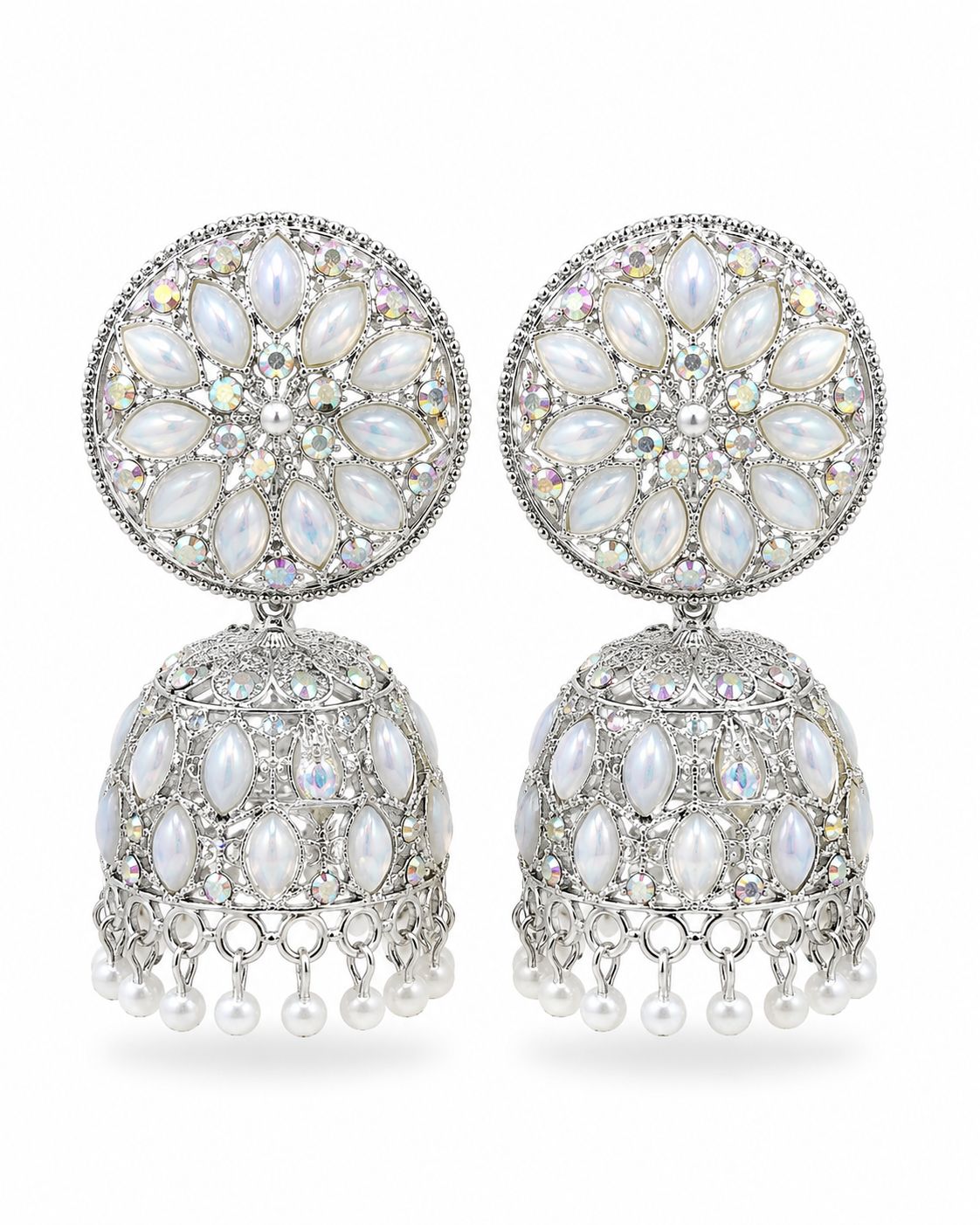 Silver Floral Opal Stone Jhumka Earrings with Pearl Drops For Women And Girls 