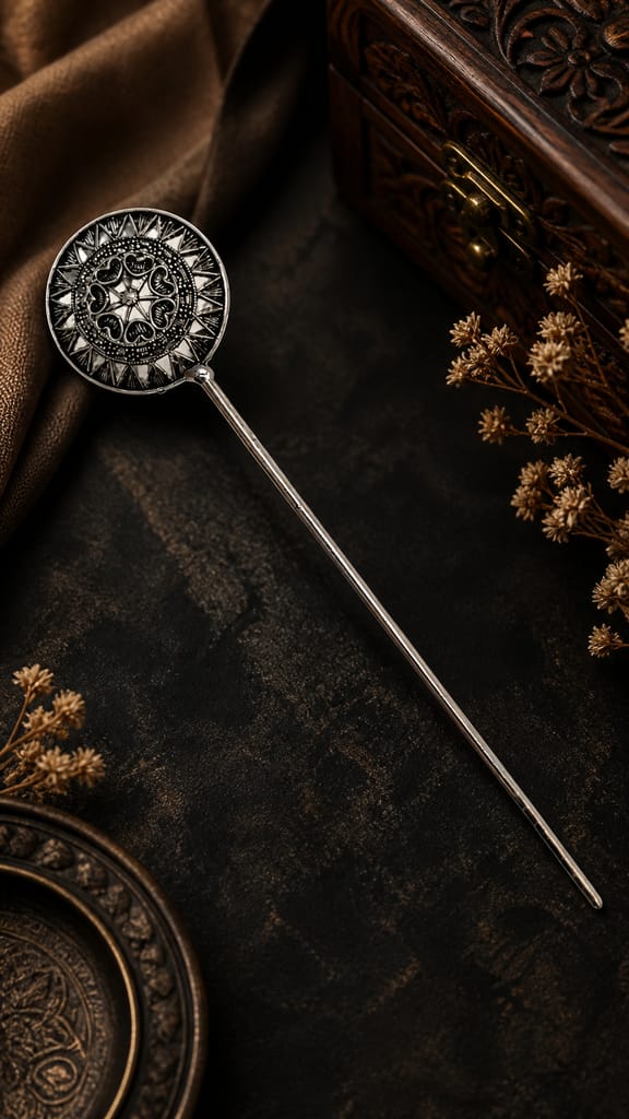 Blubby Oxidize Handmade Traditional Antique Silver Juda Stick for Women Bun Stick 