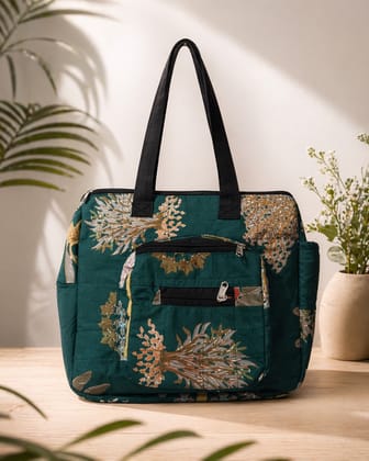Style With Parulba Premium Printed Multipurpose Tote Bag for Women | Large Capacity Shoulder Handbag | Zipper Closure | Travel, Office, College & Shopping Bag | Green Floral Print