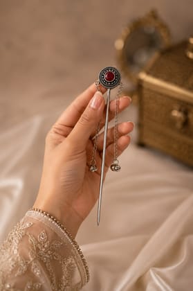 Handmade Oxidised Silver Elegant Silver Juda Stick with Maroon Stone & Pearl Tassel Handmade Oxidised Silver Elegant Silver Juda Stick with Maroon Stone & Pearl Tassel