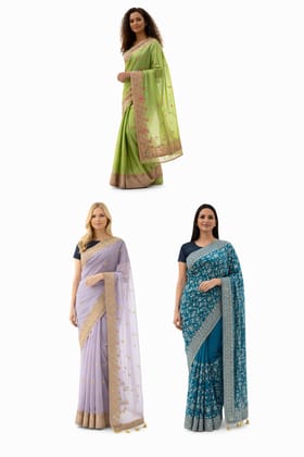 Trio of Floral Elegance Embroidered Saree Collection