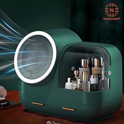 NOSCOMP Makeup Organiser with LED Mirror, Fan & USB Charging | Rotating Carousel | Desktop Dust-Proof Beauty Case | Drawer Storage | Vanity Table Organiser | Green