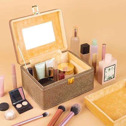 Makeup Box - Vanity Box for Women Bridal - Cosmetic Box Organiser, Durable, Stylish Finish for Home or Travel, Large Capacity Beauty Case for Brushes, Lipsticks & Skincare, (Gold)