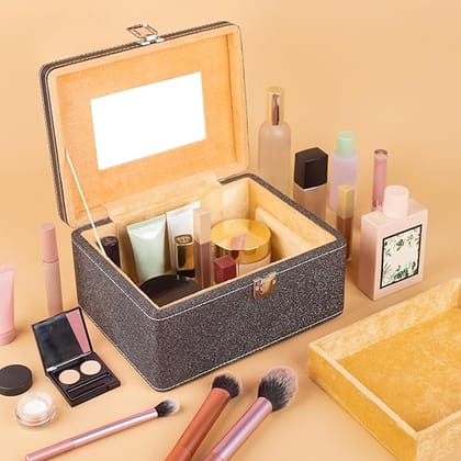 Makeup Box - Vanity Box for Women Bridal - Cosmetic Box Organiser, Durable, Stylish Finish for Home or Travel, Large Capacity Beauty Case for Brushes, Lipsticks & Skincare, (Black)